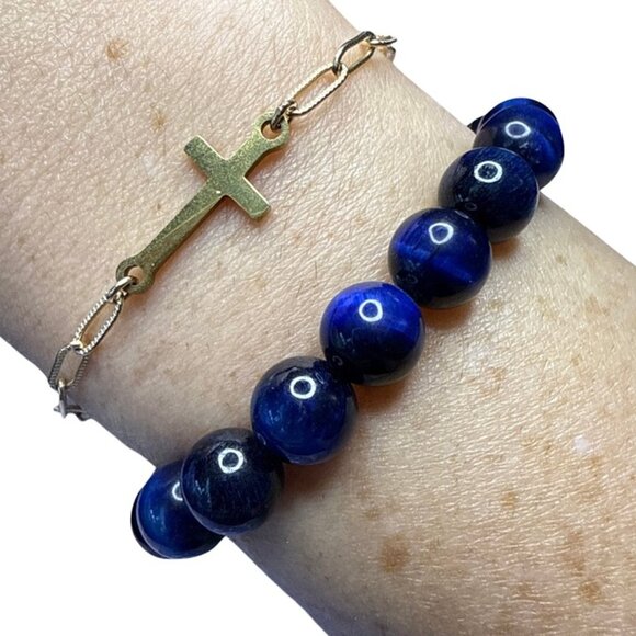 Blue Tigers Eye Beads Bracelet Jewelry Natural Stone Crystal gemstone NEW - Picture 1 of 7